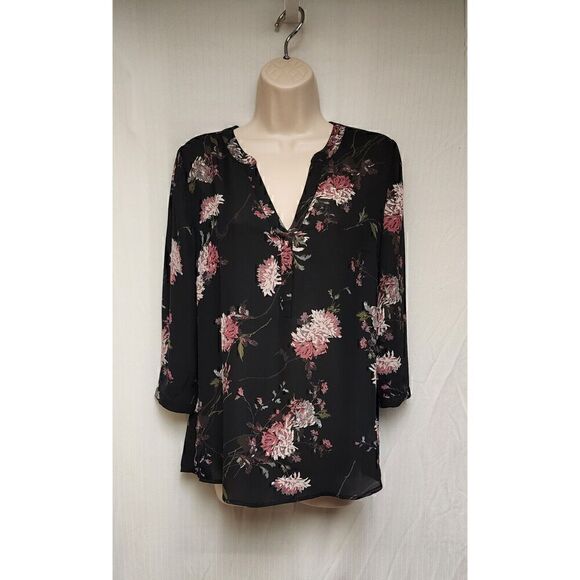 Maurices Floral 3/4 Sleeve Popover V Neck Sheer Chiffon Blouse Size Small - Picture 2 of 9